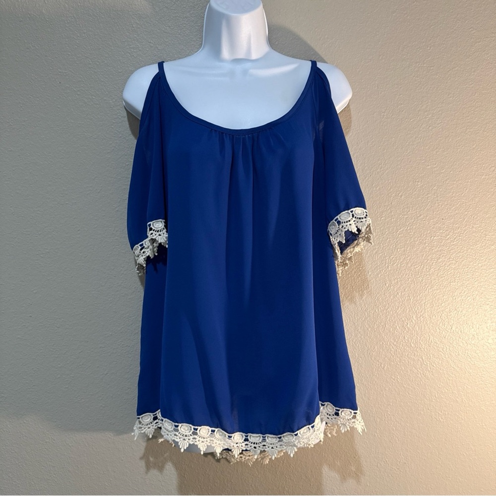 #608 Blue Sketch Royal Blue, White Lace Trim, Cold Shoulder, Top Size Large